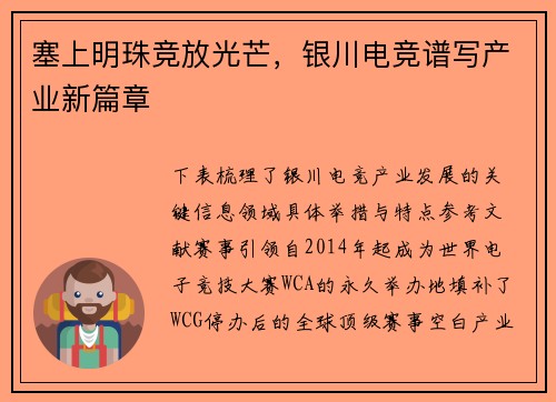 塞上明珠竞放光芒，银川电竞谱写产业新篇章